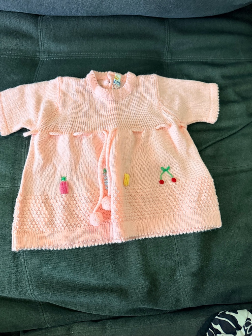Vintage Pink Knit Baby Sweater with Fruit Appliqués